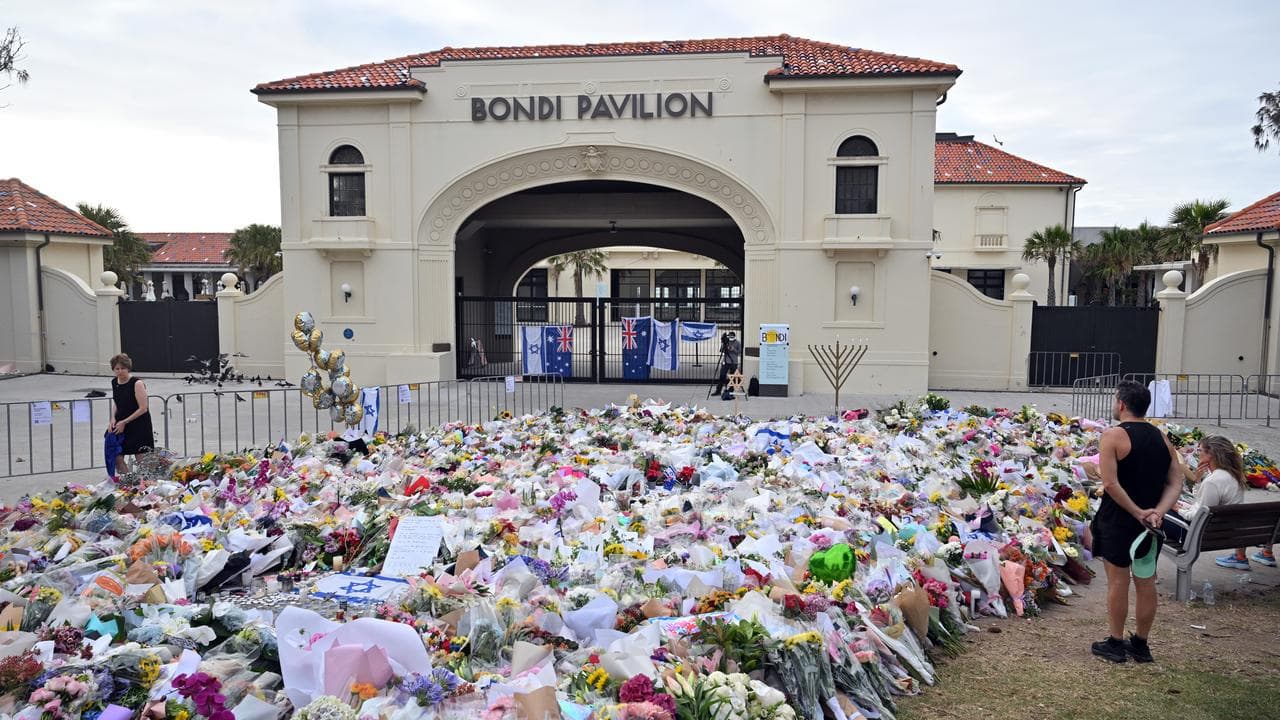 A makeshift memorial at the Bondi Pavillion after a terrorist attack