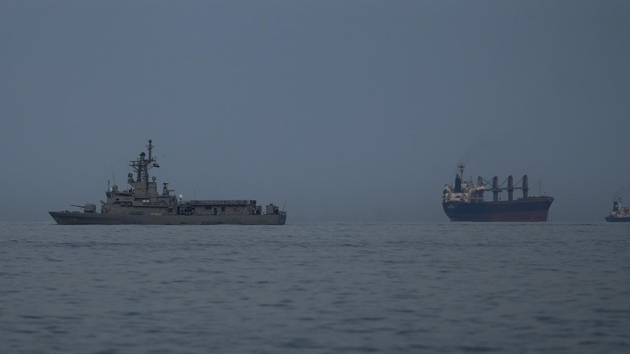 The UAE navy with cargo ships and oil tankers in the Strait of Hormuz