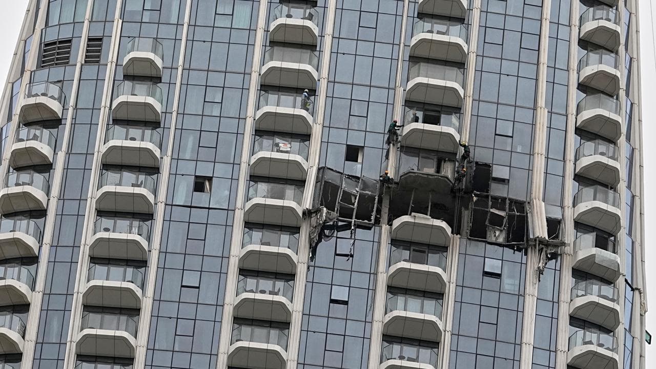 Damage caused by a drone strike at a hotel in Dubai