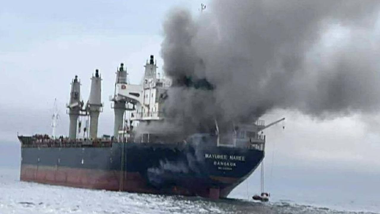 Ship after being hit by Iranian missiles in the Strait of Hormuz