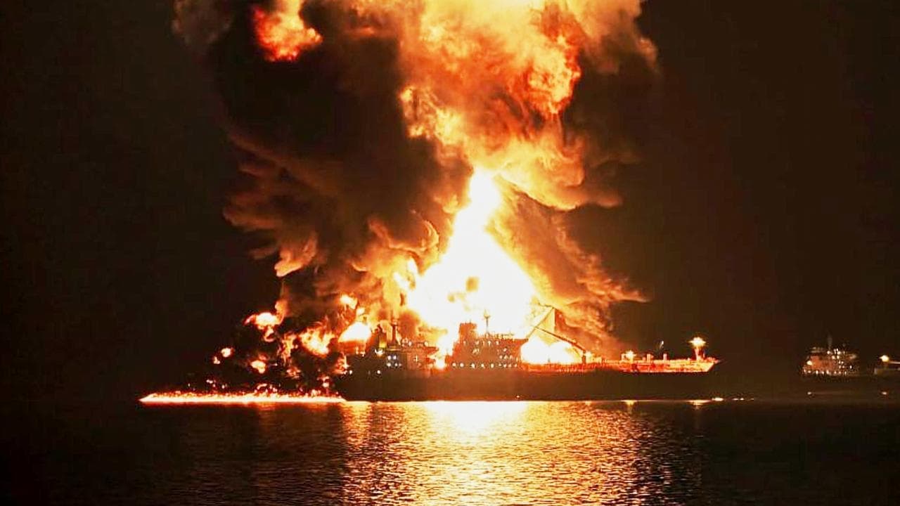 An oil tanker burns after being hit by an Iranian strike in Iraq