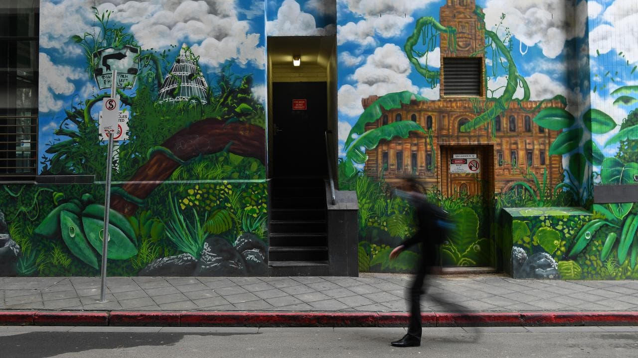 Mask-wearing person in front of city mural (file)
