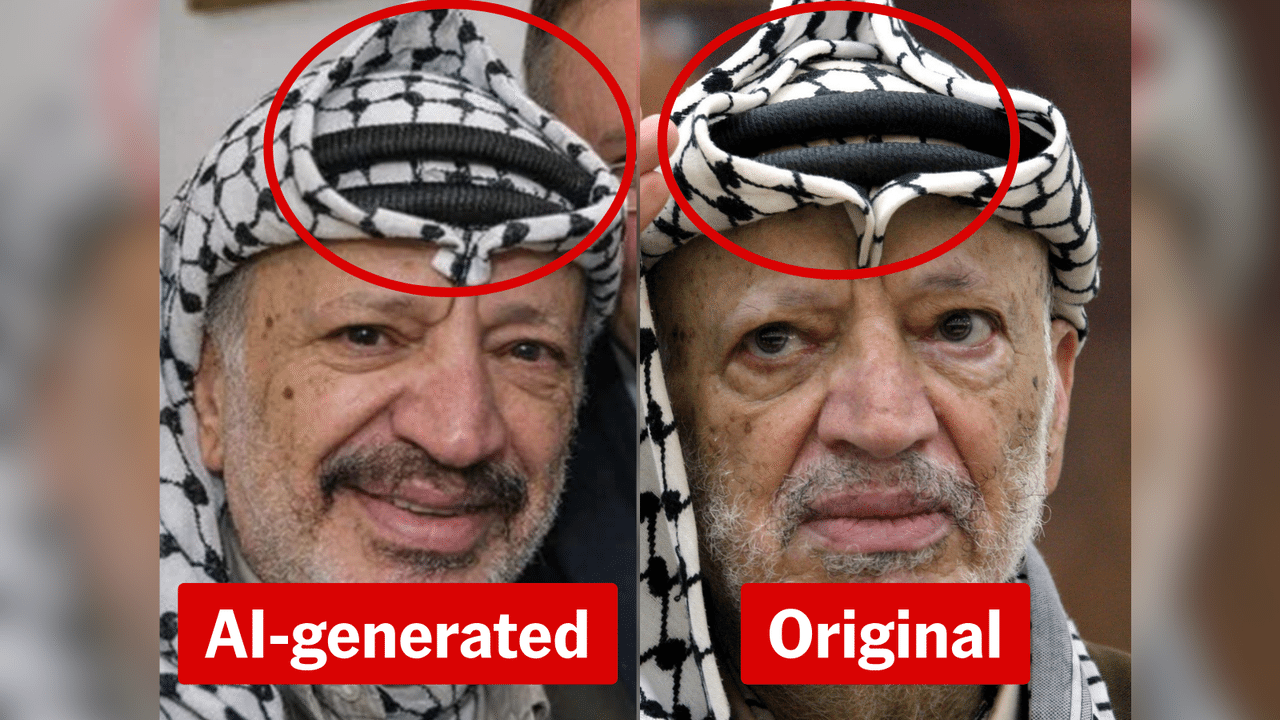 A synthetic image of Yasser Arafat beside a real, EPA photo of him.
