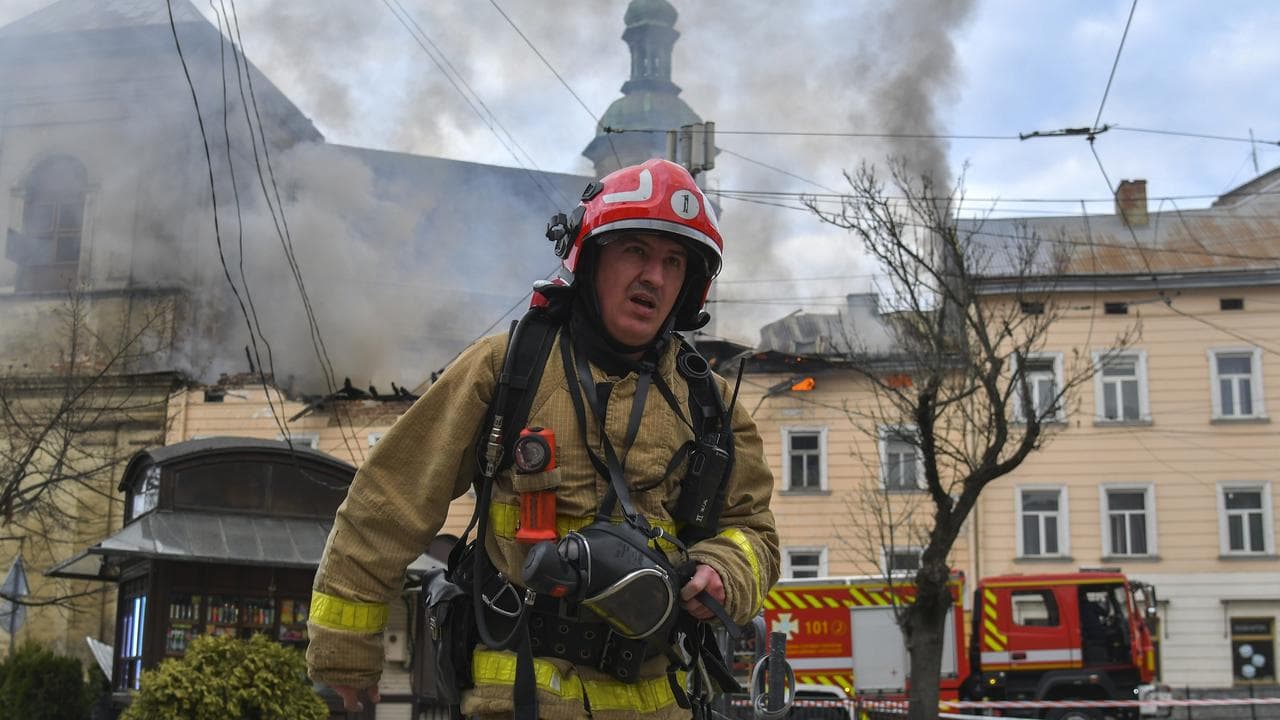 Site of a Russian drone attack on Lviv in western Ukraine