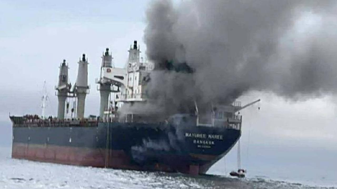 A Thai oil ship on fire after an Iranian attack