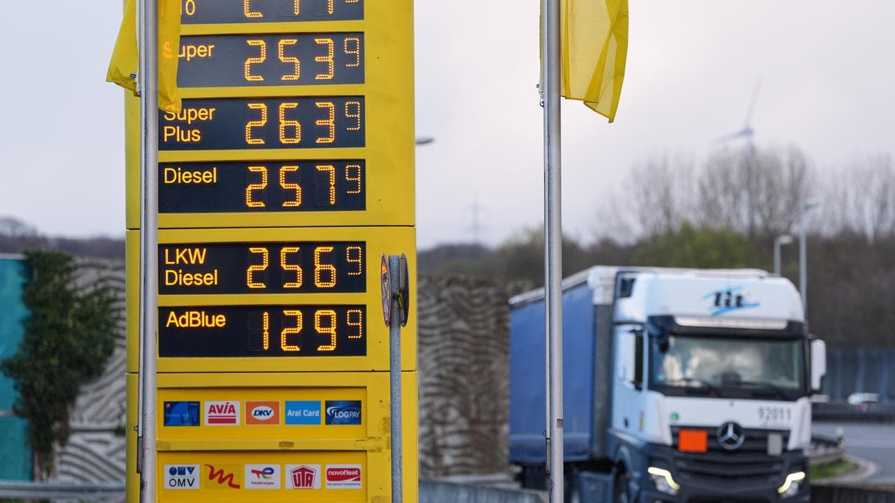 A service station shows record fuel prices in Gelsenkirchen, Germany
