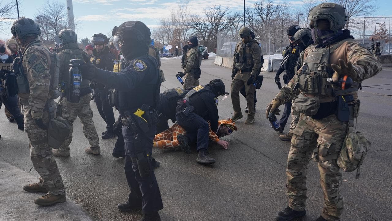 Protesters demonstrate against ICE in Minneapoli in January 2026