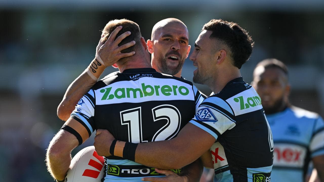 Cronulla teammates congratulate Teig Wilton