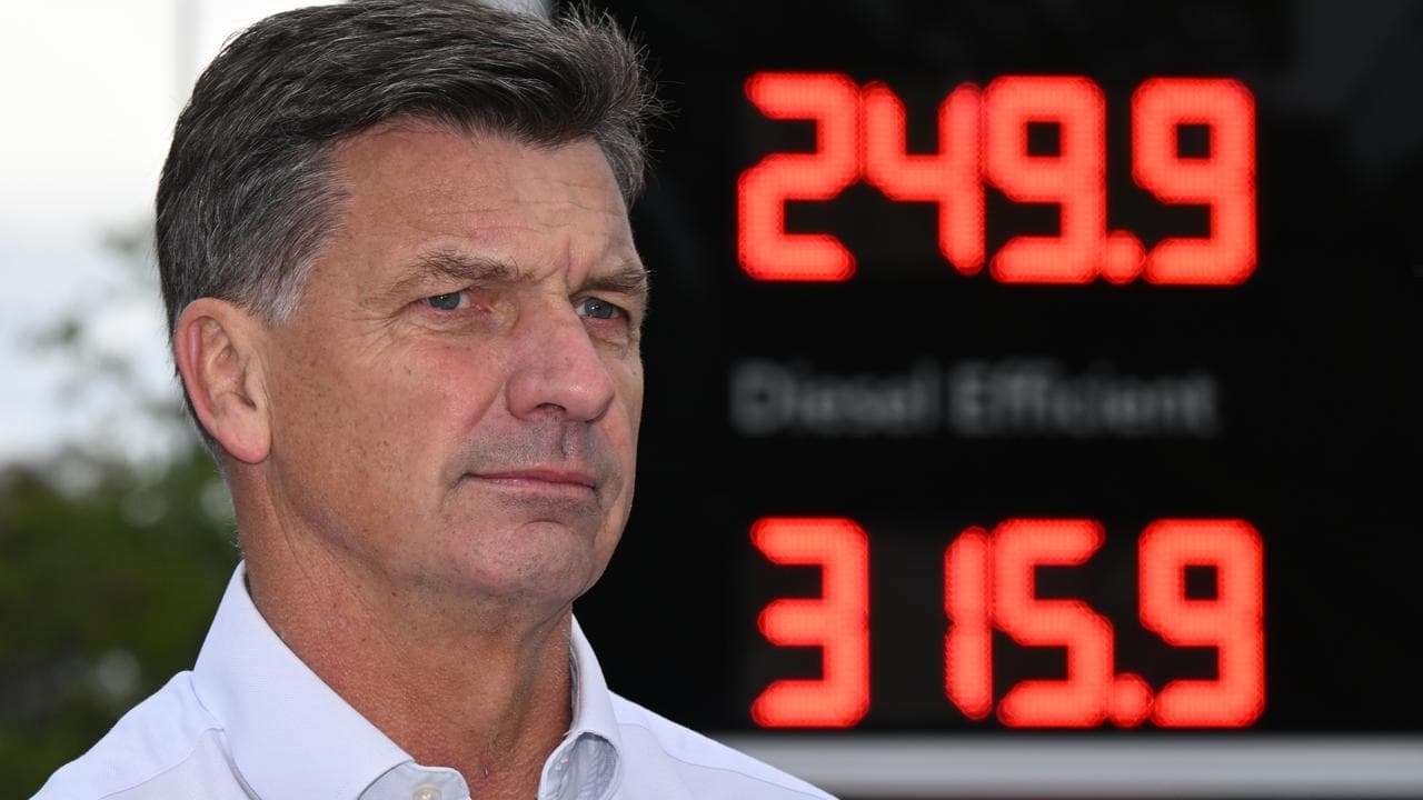 Opposition Leader Angus Taylor at a petrol station.