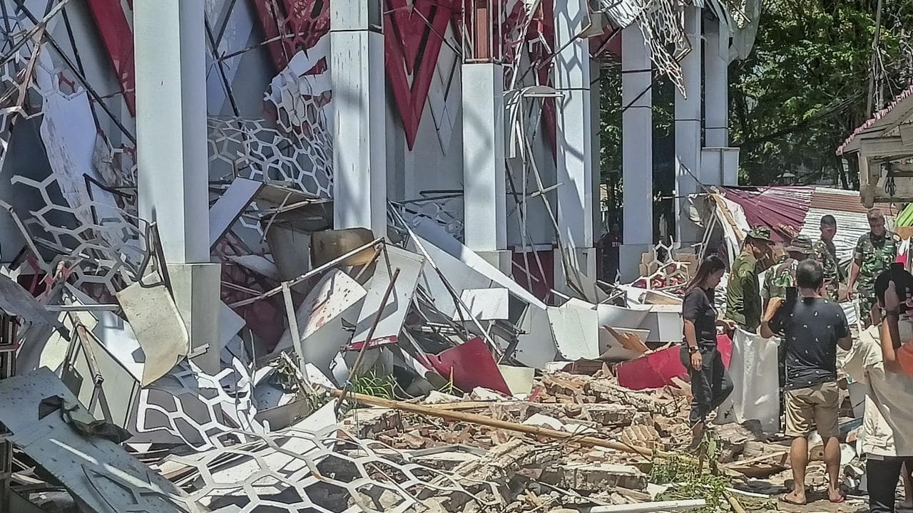 A damaged building after an earthquake in Manado, North Sulawesi