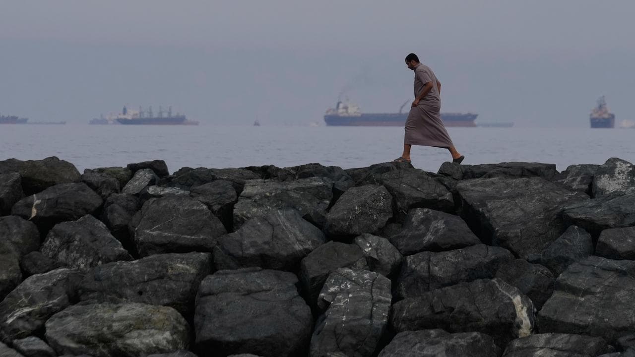 Oil tankers and cargo ships line up in the Strait of Hormuz