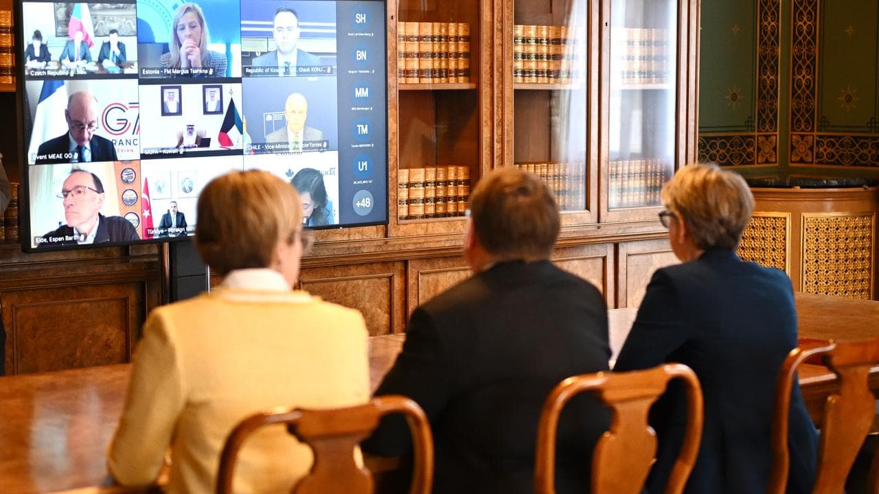 UK Foreign Secretary Yvette Cooper attends a virtual summit
