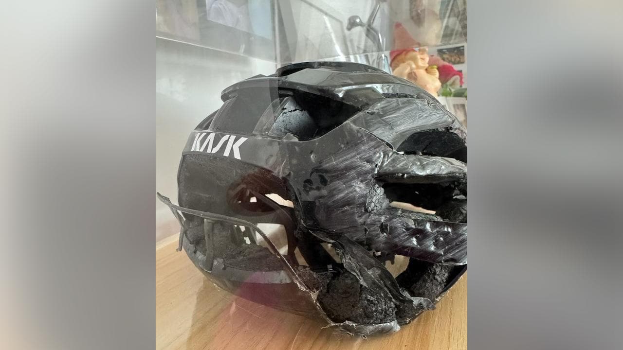 Alexa Leary's destroyed helmet after her horror 2021 cycling crash