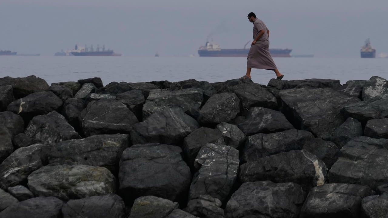 Oil tankers and cargo ships line up in the Strait of Hormuz