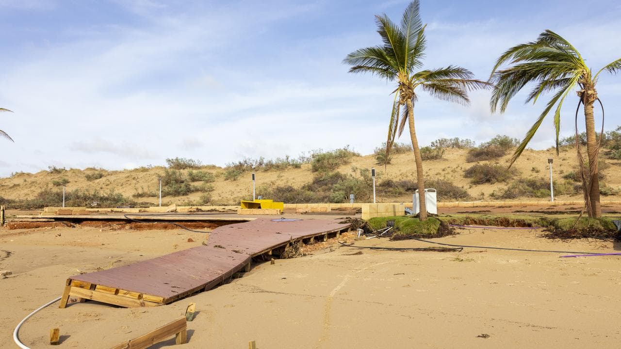 Storm damage is seen at a beach in Exmouth