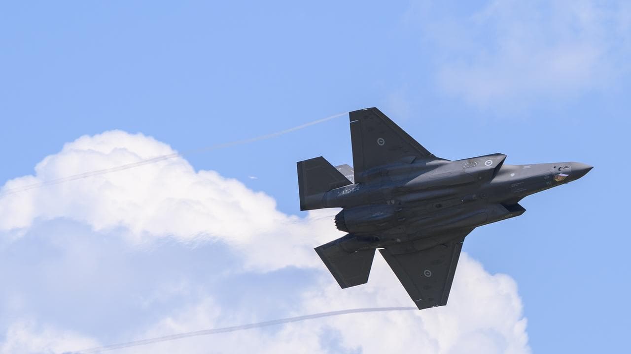A RAAF F-35A Lightning aircraft performs an aerial display