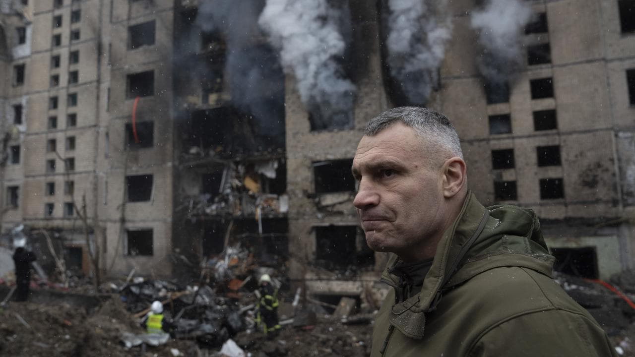 Vitali Klitschko inspects damage near a building (file image)