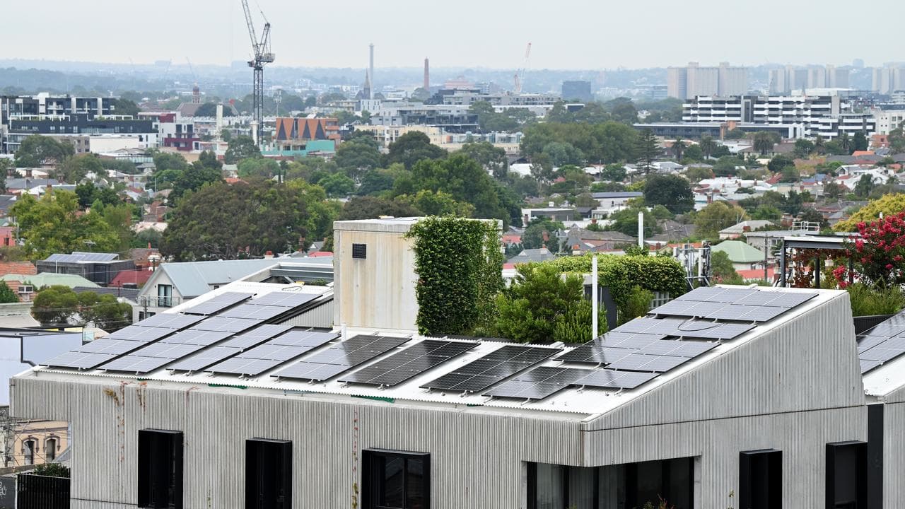 Solar panels on the roof of an apartment block