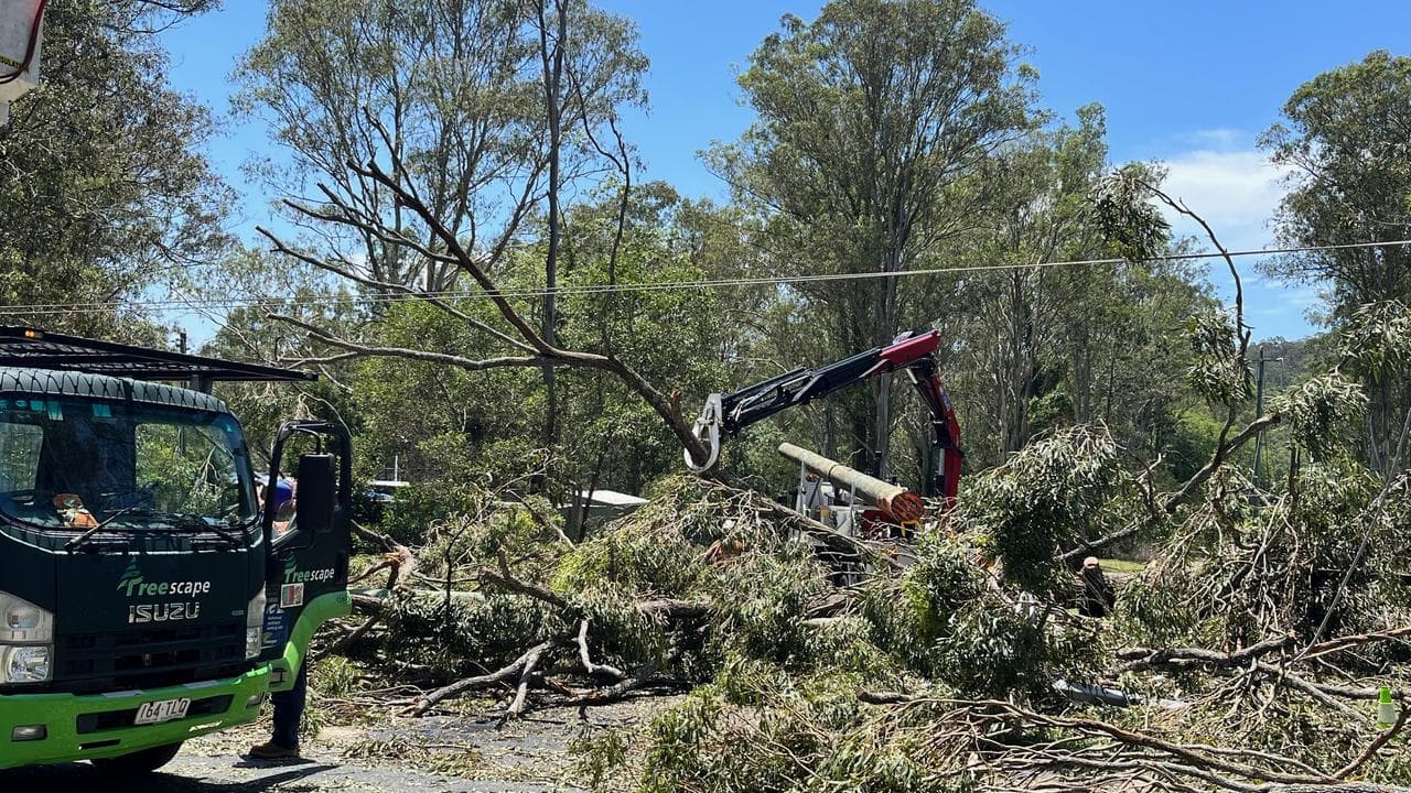 Crews work to restore power in Logan Village, Qld, in November 2025
