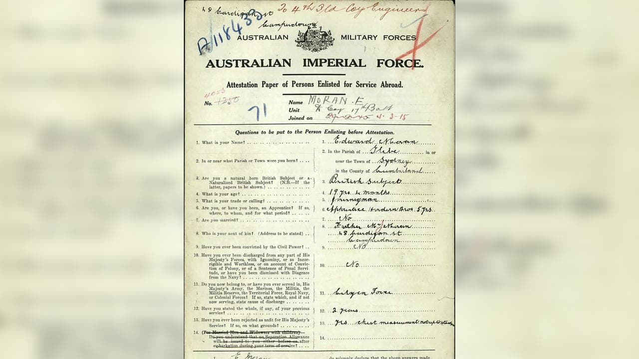 Enlistment record of WWI soldier Private Edward Moran