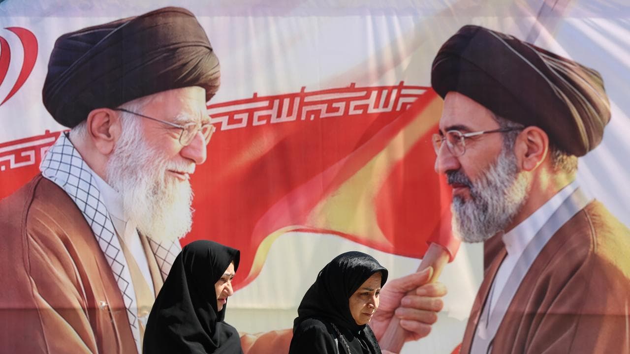 Billboard in Tehran of supreme leaders Ali Khamenei and son Mojtaba