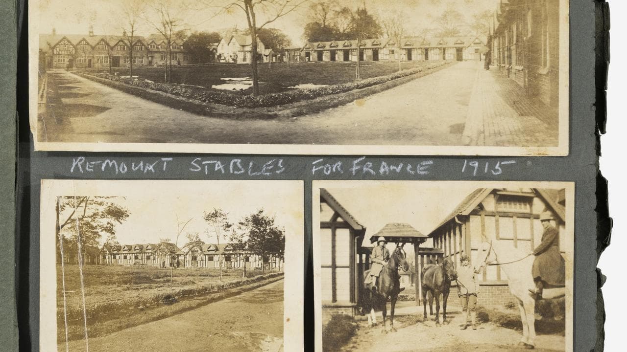 Scrapbook images of remount stables in London.