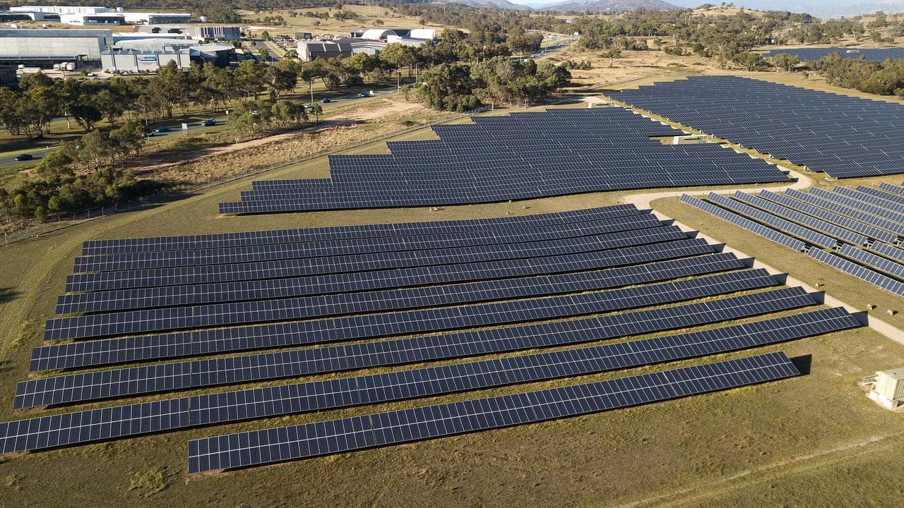 An aerial view of Williamsdale Solar Farm, south of Canberra
