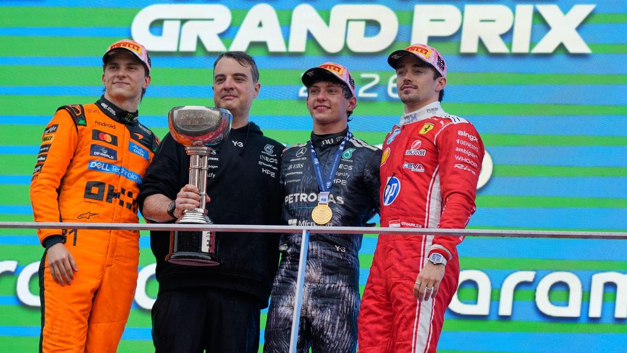 (L-R) Oscar Piastri, Giacomo Tortora, Kimi Antonelli, Charles Leclerc.