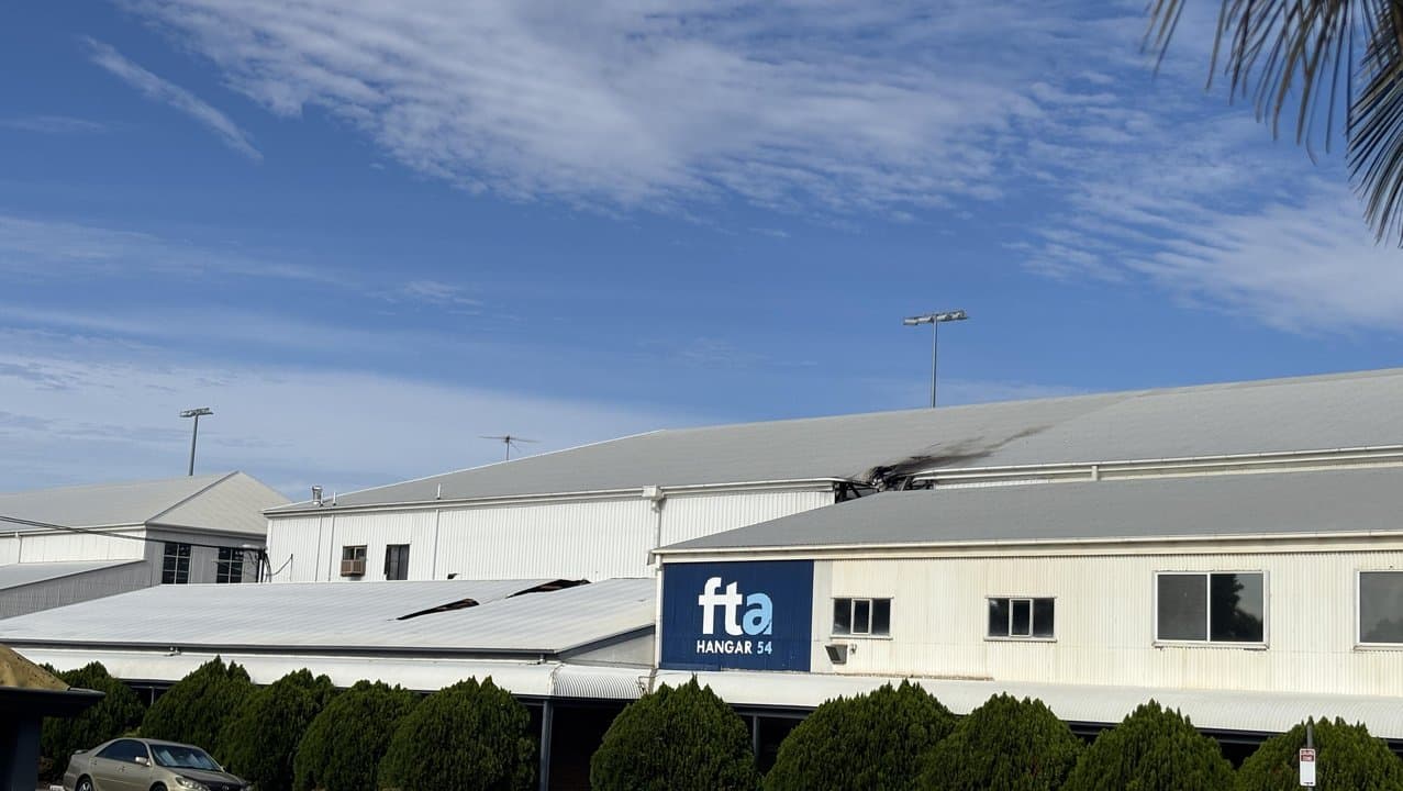 The hangar struck by the light aircraft at Parafield Airport