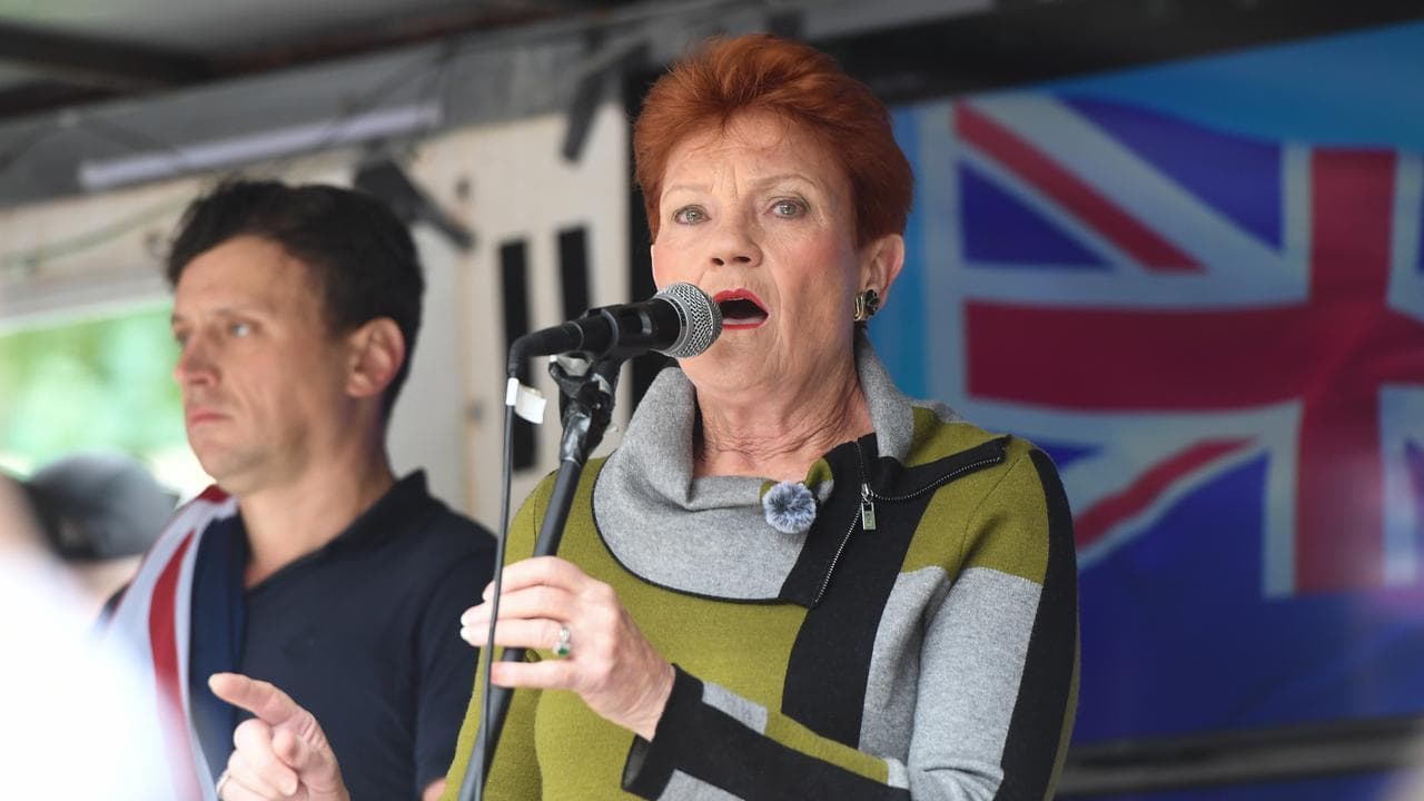 One Nation Senator Pauline Hanson speaks to a rally in Melbourne