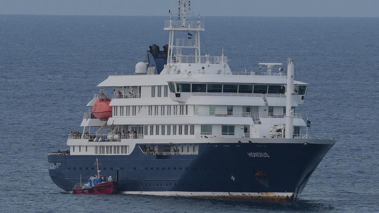 MV Hondius is anchored at a port in Praia, Cape Verde