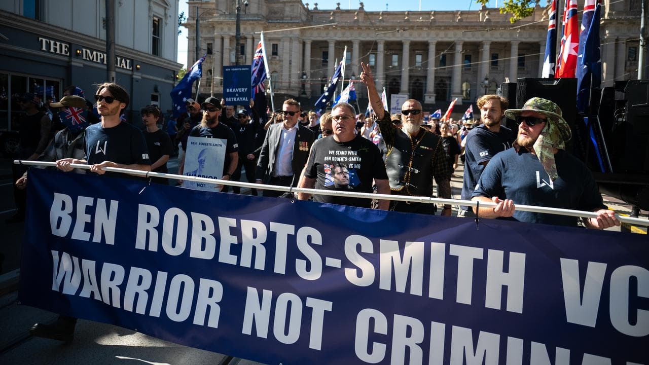 Protesters march during a rally in support of Ben Roberts-Smith.