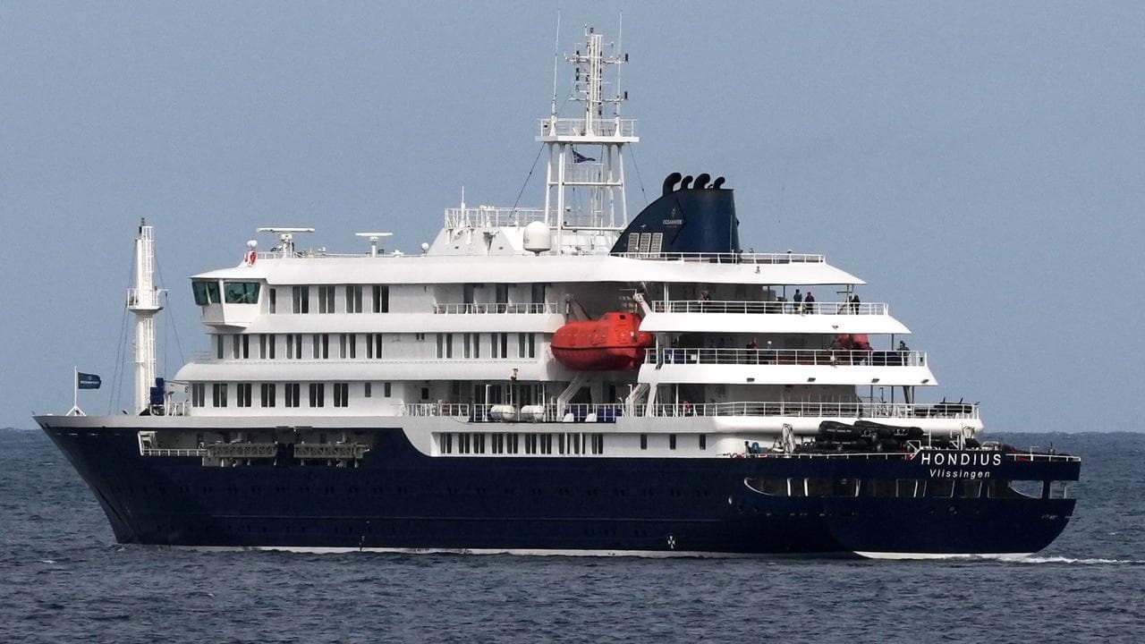 The MV Hondius cruise ship departs the port in Praia, Cape Verde