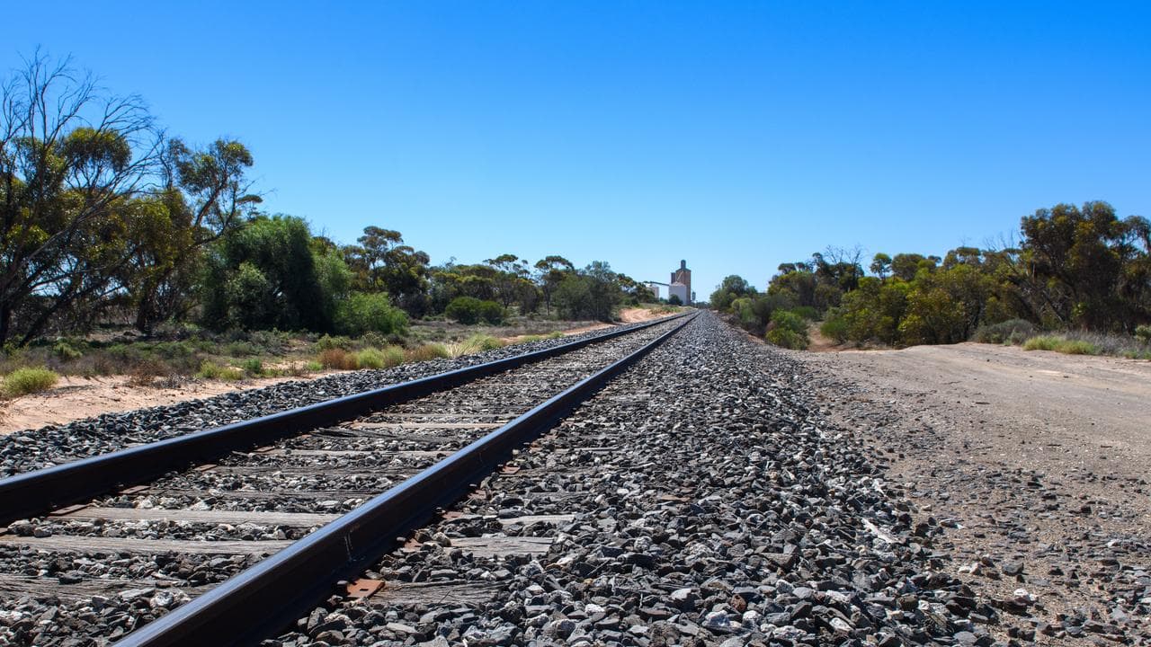 Rail lines leading to a grain silo