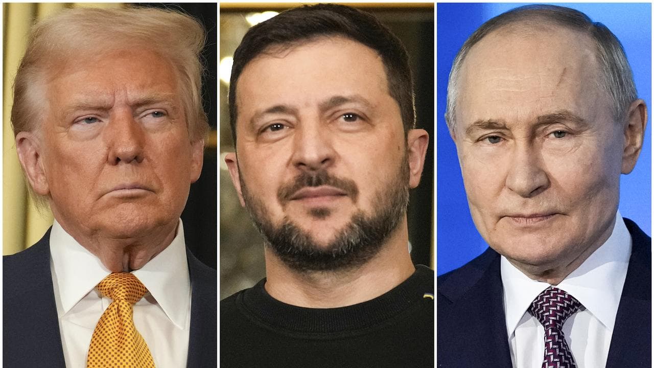 Donald Trump, Volodymyr Zelenskiy and Vladimir Putin