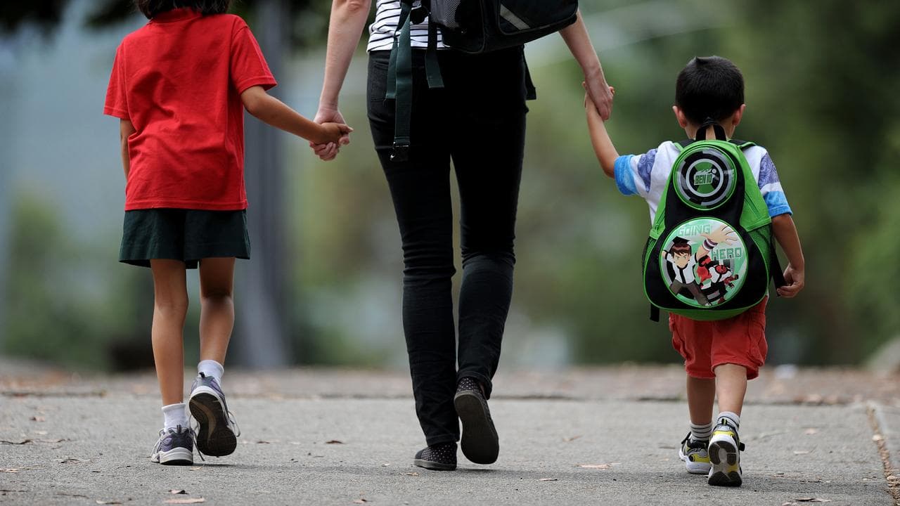 A woman walking with two children
