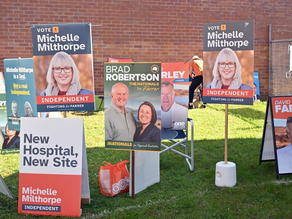 Corflutes are seen at a pre-polling centre in the seat of Farrer
