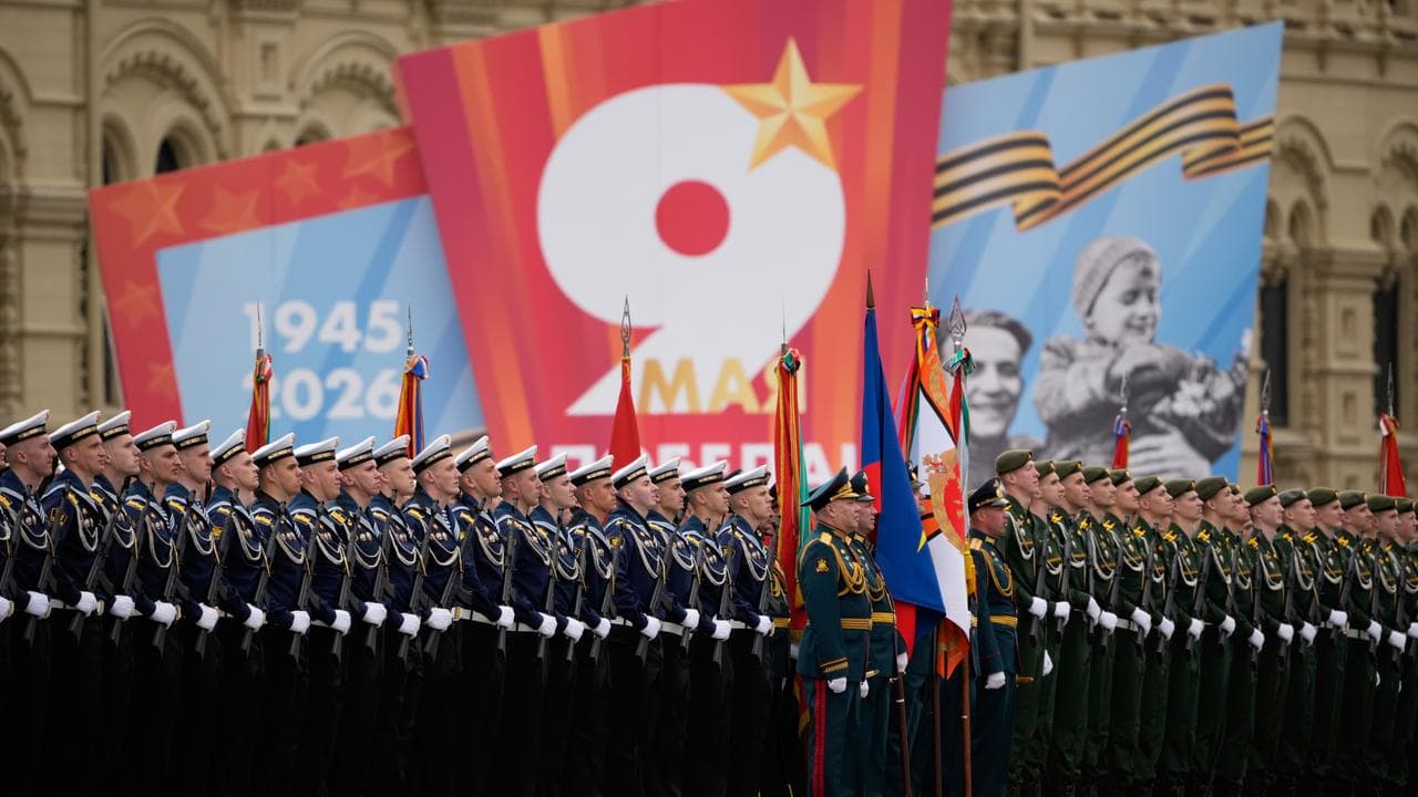 Russian soldiers gather for the Victory Day military parade in Moscow
