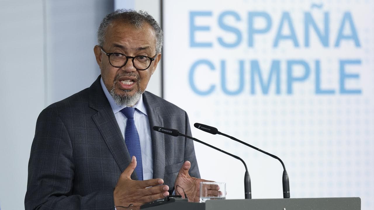 WHO director-general Tedros Adhanom Ghebreyesus speaks in Madrid