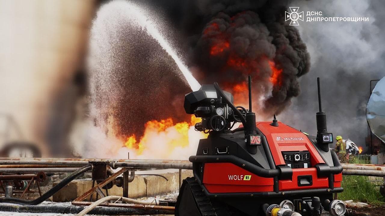 Firefighters extinguish a blaze from a drone attack
