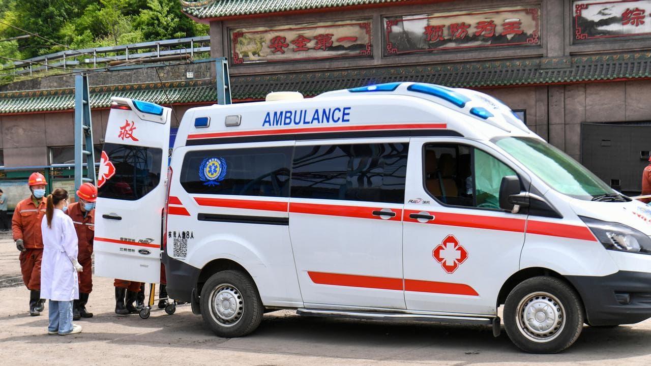An ambulance after an explosion at Changzhi city's Liushenyu coalmine