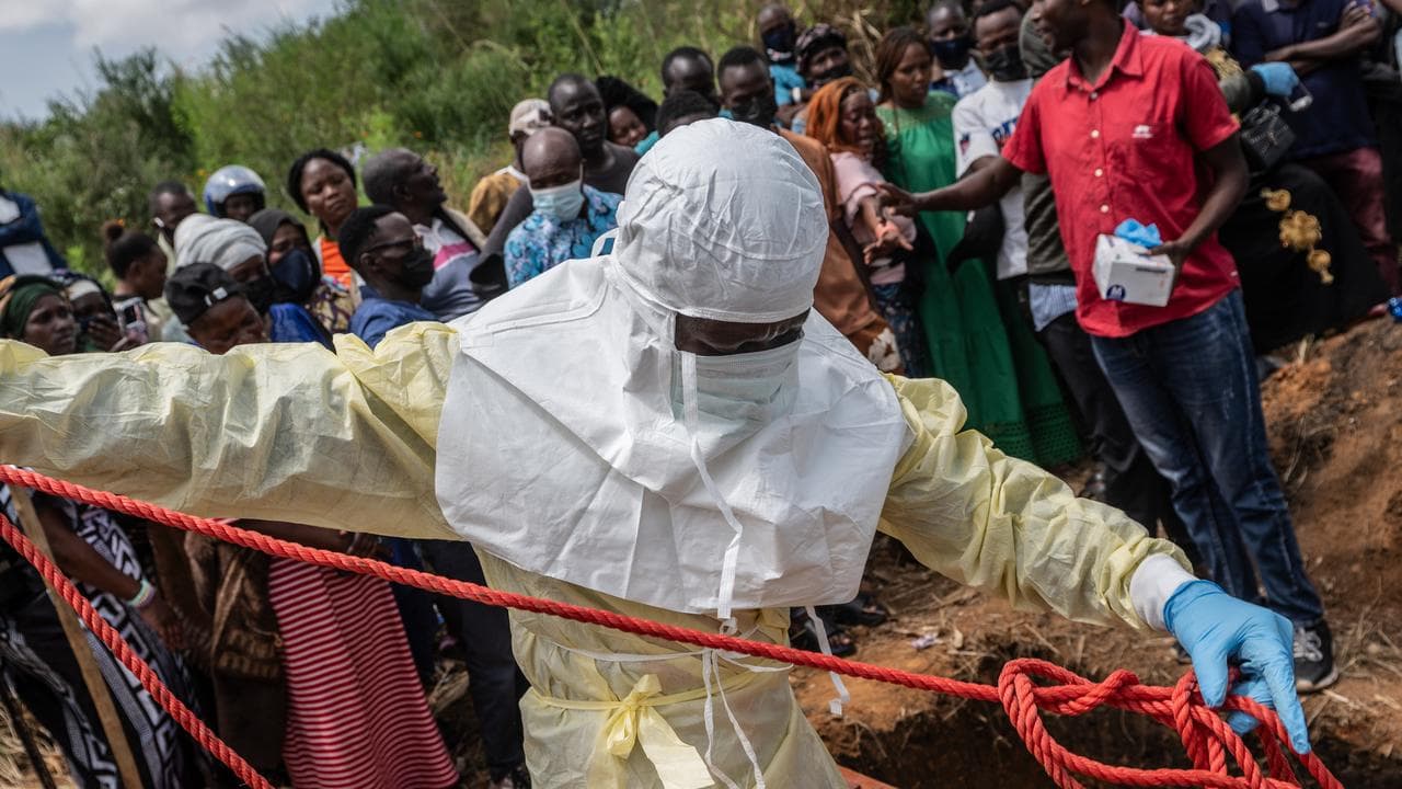 A coffin containing the body of a Ebola victim for burial