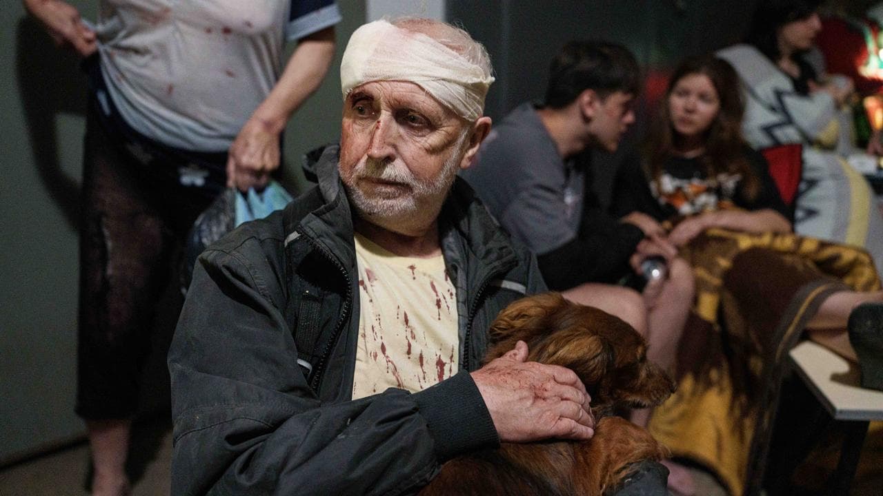 An injured man with his dog takes cover in a shelter