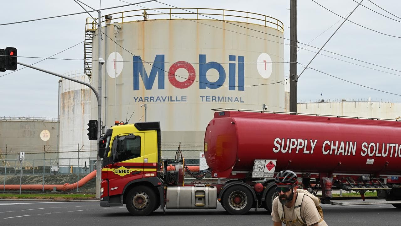 A truck transporting fuel passes by ExxonMobil Yarraville Terminal
