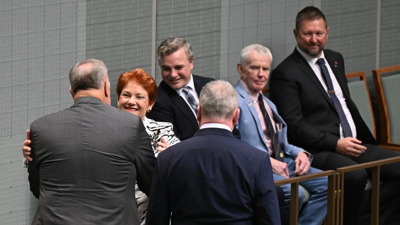 David Farley is congratulated by Pauline Hanson