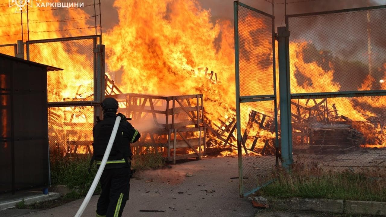A warehouse on fire after a Russian strike on Kharkiv region, Ukraine