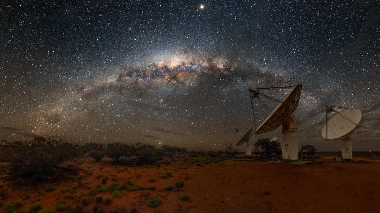The night sky over the CSIRO's radio telescope in Murchison