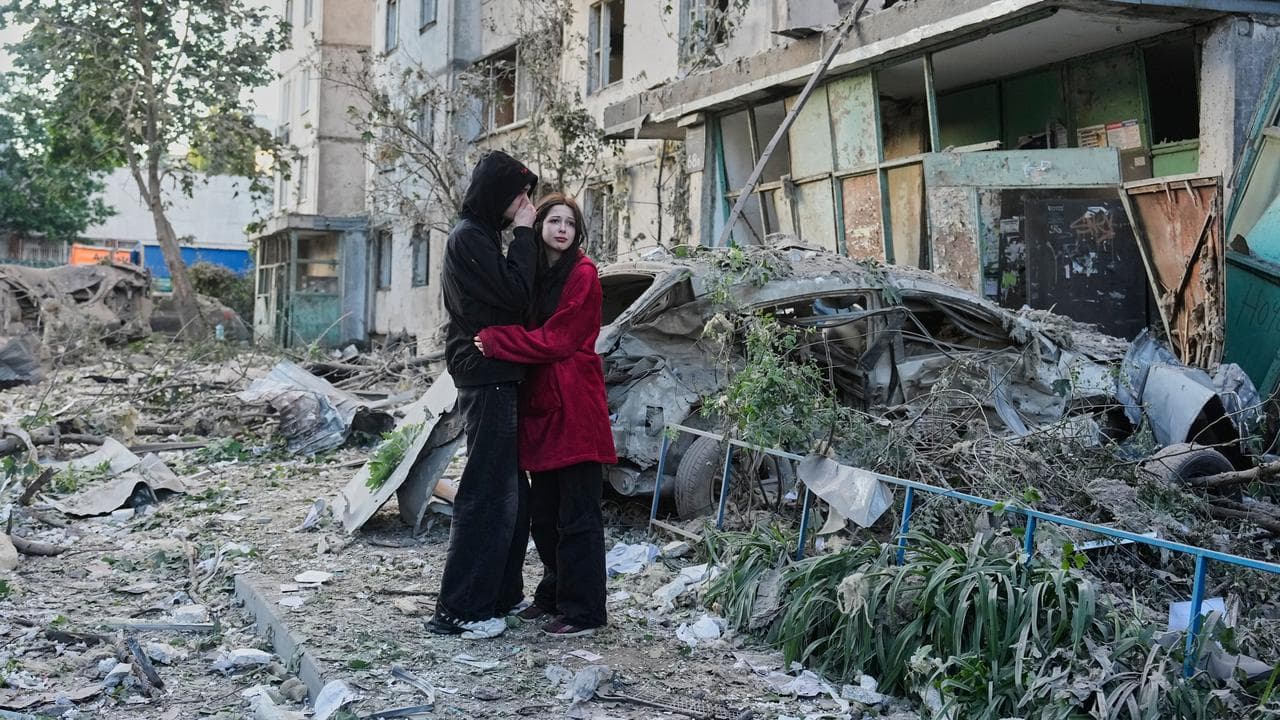 Site of a Russian missile strike that hit a building in Kyiv, Ukraine
