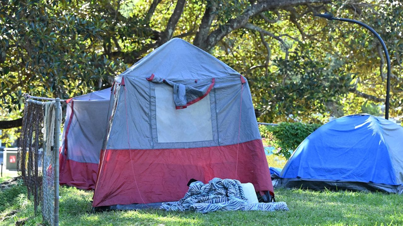 A homeless encampment is seen in Musgrave Park in Brisbane