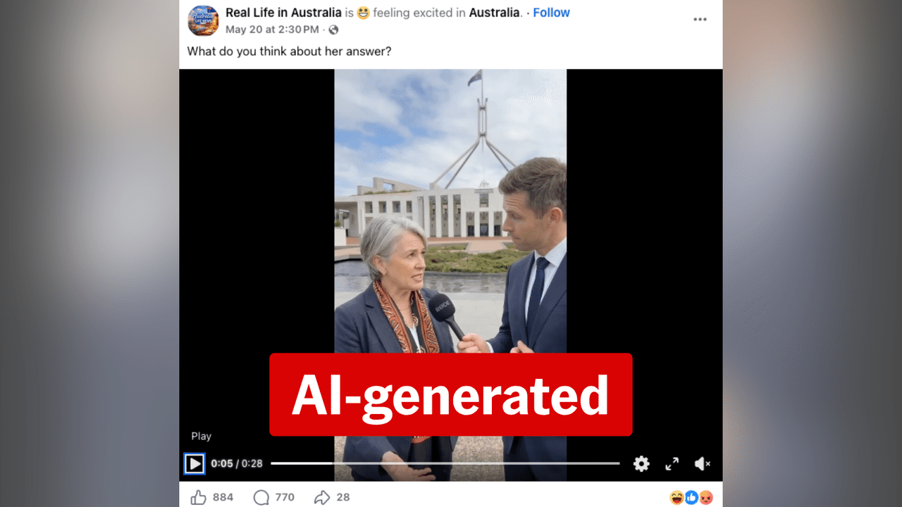 A screenshot of synthetic video of a woman talking outside parliament.